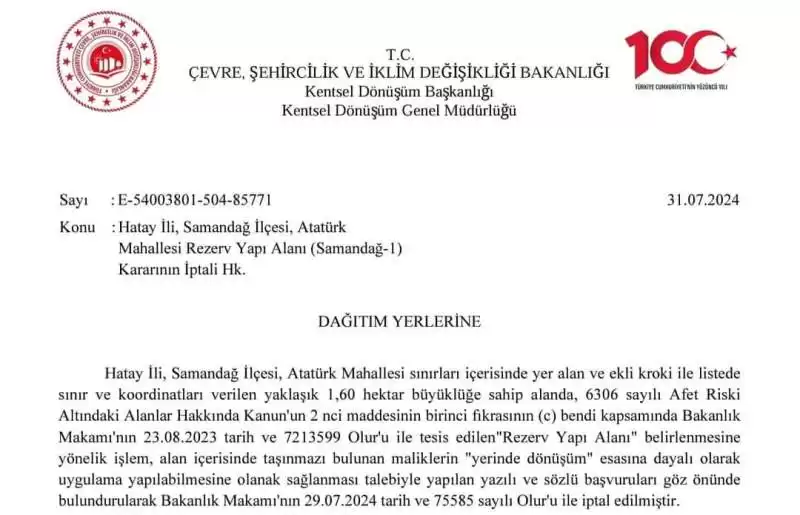 SAMANDAĞ' DA REZERV ALANIN KALKTIĞI RESMİ YAZIYLA KESİNLEŞTİ